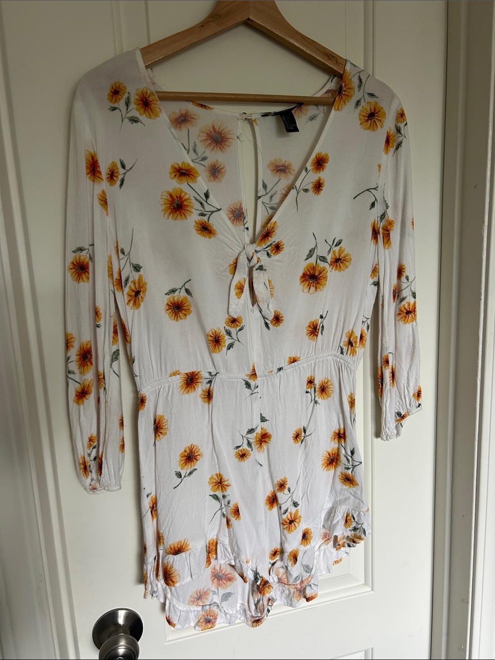 Floral Tie-Front Romper with Ruffle hem • Yellow Sunflower Print